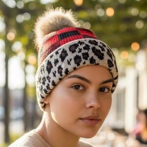 C.C Red and Black Leopard Print Beanie with Pom-Pom NWT